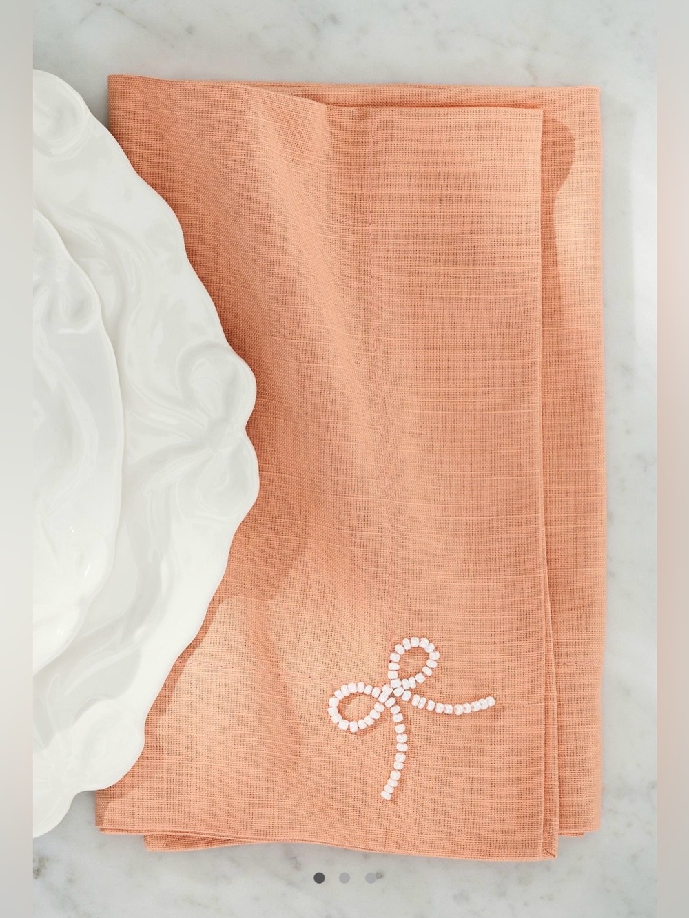 Anthropologie Perla Napkins, Set of 4 with Beaded Bow Accent, Peach